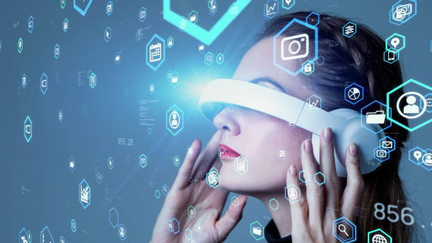 Virtual reality goggles concept. Futuristic woman.