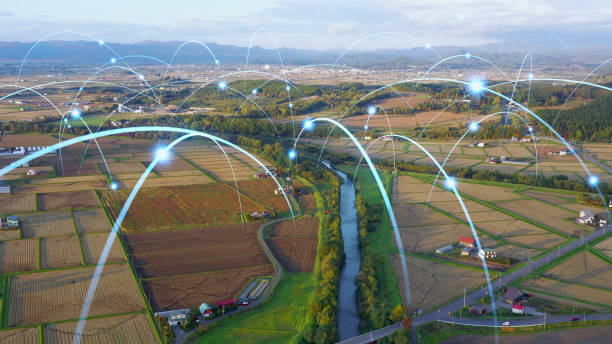 agricultura y tecnología. agritech. ambiente. red de comunicación. - overhead wires fotografías e imágenes de stock