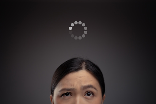 Asian woman waiting and icon loading hologram effect. Isolate on background.