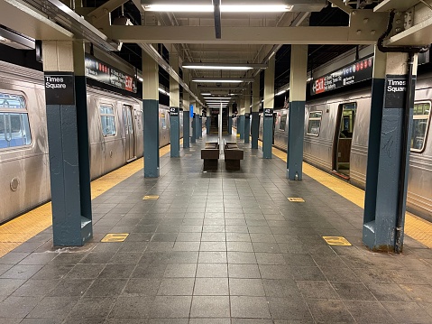 New York City, NY - February 1, 2021: 42nd Street Subway Station Empty as New York Endures Coronavirus Crisis and Nor'easter Winter Storm