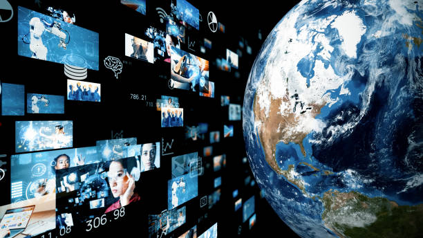 istock Visual contents concept. Social networking service. Streaming video. Global communication network. Elements of this image furnished by NASA. 3D rendering. 1300754579