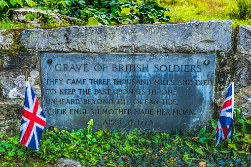 British Soldiers Grave Old North Bridge Concord River Minute Man National Historical Park American Revolution Monument Massachusetts  Site of April 19, 1775 battle British Army and American patriots the first battle in which British soldiers were killed