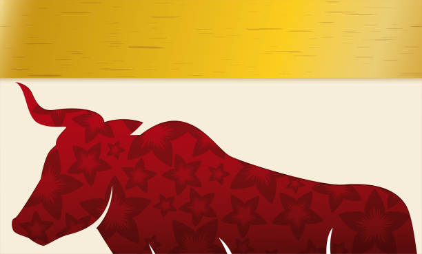 istock Ox silhouette with floral background and golden label 1300756477