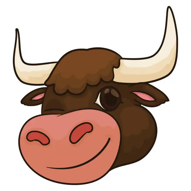 Vector illustration of Happy ox head with brown hide in cartoon style