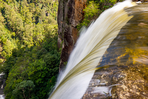 Atop a gushing waterfall with lush national park forest wilderness, Australia