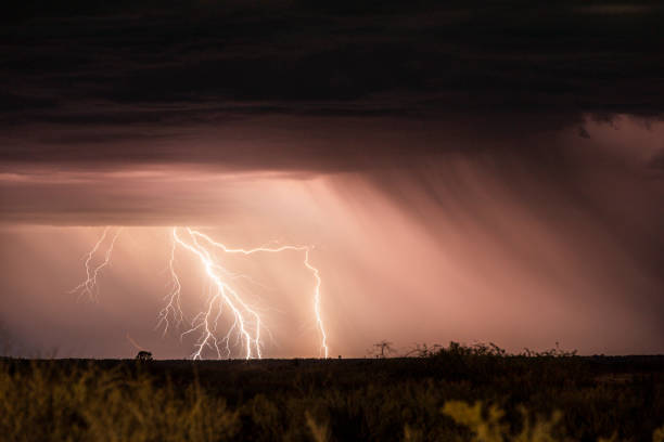 A low shutter speed captures the raw power of lightning on a stormy night, revealing jagged, electrifying bolts that slice through the dark sky with vivid intensity. The prolonged exposure highlights the intricate, branching patterns of the lightning, creating a dramatic contrast against the ominous, swirling storm clouds. The scene is illuminated with a brilliant flash, casting fleeting, ghostly shadows and revealing the tumultuous nature of the storm.