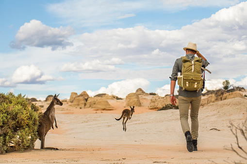 Young man walking in arid desert landscape with photography backpack on an adventure in outback Australia