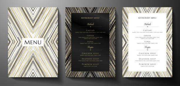 Design restaurant menu template with gold, black, silver glitch lines on black background. Luxury frame pattern (stripe border) Elegant cover useful for Creative Cafe Menu dinner stock illustrations