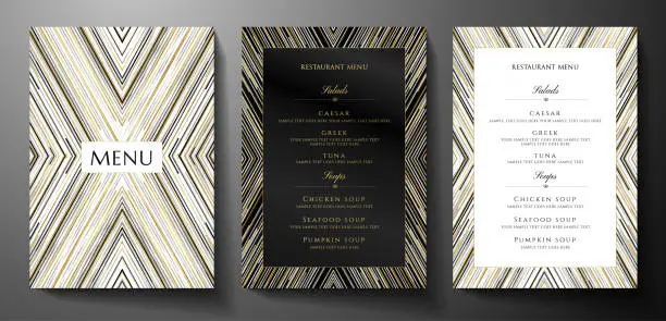 Vector illustration of Design restaurant menu template with gold, black, silver glitch lines on black background. Luxury frame pattern (stripe border)