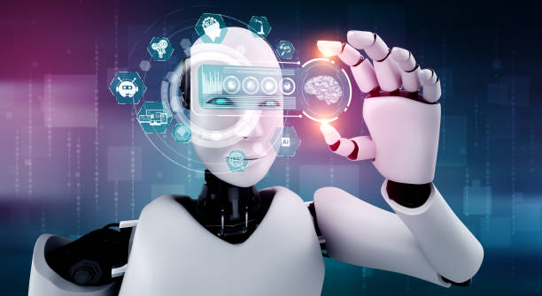 istock Robot humanoid hold HUD hologram screen in concept of AI thinking brain 1300765663