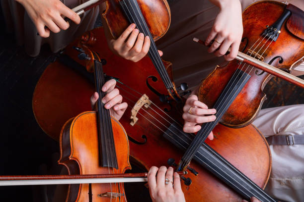 현악 사중주 (바이올린, 첼로, 알트 (비올라)), 위에서 보기 - musical instrument string 뉴스 사진 이미지