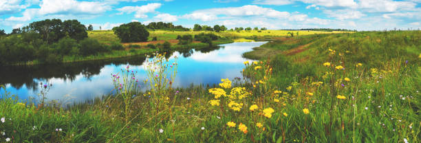 istock Beautiful summer or spring panoramic rural landscape with calm river and green hills with blooming wild flowers and trees at sunny summer day. 1300769841