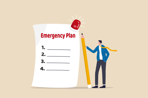 Business emergency plan, checklist to do when disaster happen to continue business and build resilience concept, smart businessman leader holding pencil with paper of emergency plan flashing siren. Business emergency plan, checklist to do when disaster happen to continue business and build resilience concept, smart businessman leader holding pencil with paper of emergency plan flashing siren. emergency plan document stock illustrations