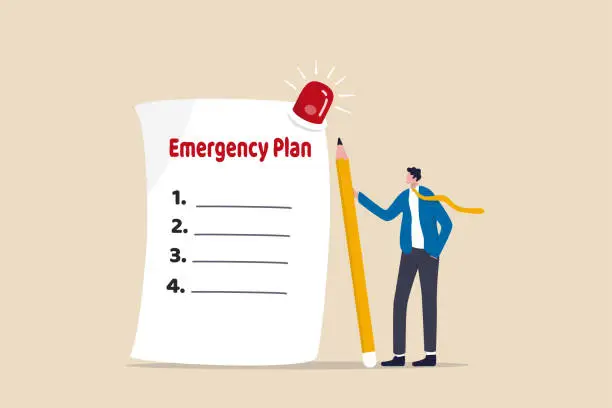 Vector illustration of Business emergency plan, checklist to do when disaster happen to continue business and build resilience concept, smart businessman leader holding pencil with paper of emergency plan flashing siren.