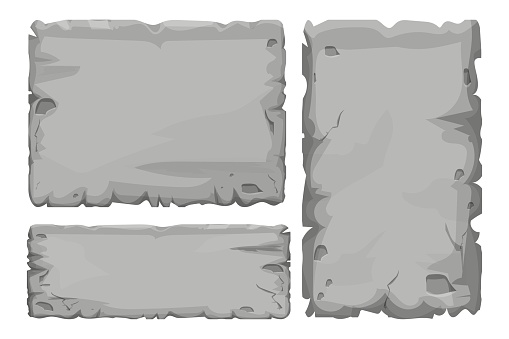 Set of Stone tablet, rock banner with cracked elements in cartoon style isolated on white background. Grey frame, block boulder for interface ui games.