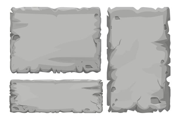 Set of Stone tablet, rock banner with cracked elements in cartoon style isolated on white background. Grey frame, block boulder for interface ui games. Set of Stone tablet, rock banner with cracked elements in cartoon style isolated on white background. Grey frame, block boulder for interface ui games. stone material stock illustrations
