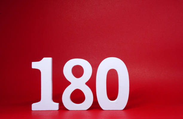 istock Number 180 ( one eight zero ) on red Background with Copy Space - 180% Percentage or Promotion - Discount or anniversary concept - Angle Degree 1300772608