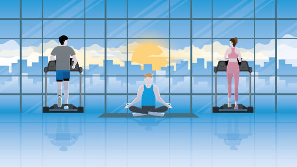 ilustrações, clipart, desenhos animados e ícones de exercício da mente e do corpo. homem da meditação sentado de pernas cruzadas no tapete de ioga no fitness center entre esteira. atenção de outras pessoas pela atenção plena, disciplina, conhecimento da respiração e aliviar o estresse. - men yoga meditating cross legged