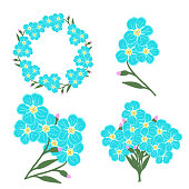 istock vector set of compositions of flowers and forget me not buds:the inscription Spring, an inflorescence of forget-me-not buds, a small bouquet, cartoon baskets with flowers,frames.Stock illustration 1300776102