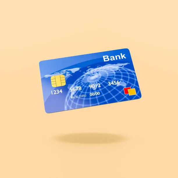 Single Blue Credit or Debit Card on Flat Yellow Background with Shadow 3D Illustration