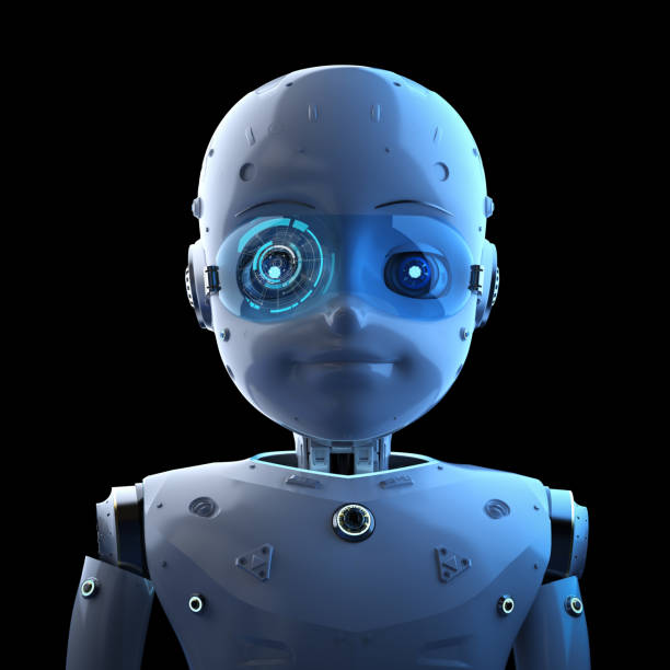 istock Cute robot with cartoon character with graphic display 1300778075