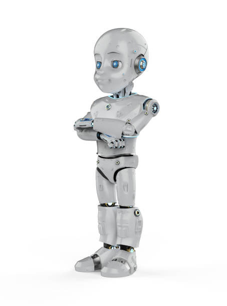 istock Cute robot with cartoon character folded arms 1300781187