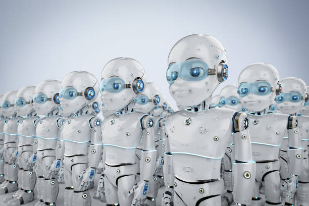 istock Group of cute robots with cartoon character 1300781189