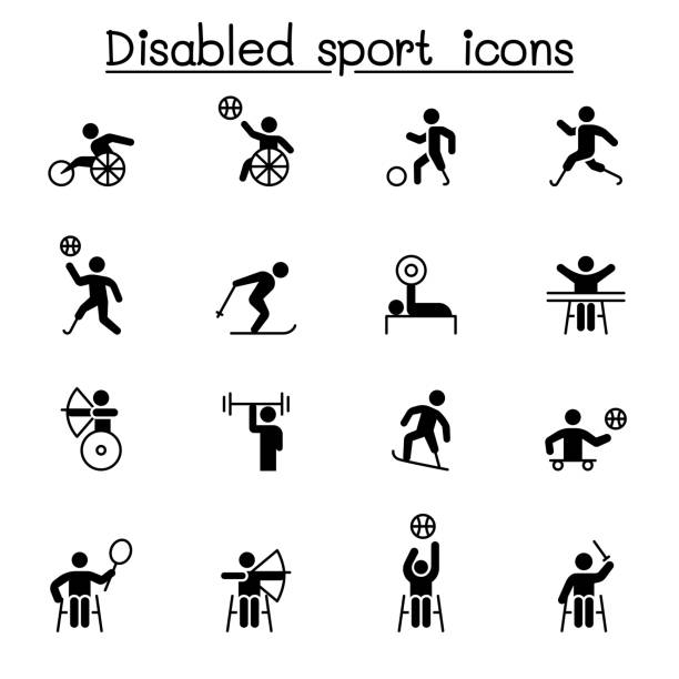 ilustraciones, imágenes clip art, dibujos animados e iconos de stock de iconos deportivos discapacitados establecen diseño gráfico de ilustración vectorial - wheelchair tennis physical impairment athlete