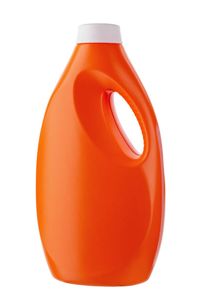 istock Orange plastic bottle for liquid laundry detergent, cleaning agent, bleach or fabric softener isolated on white background. 1300785783