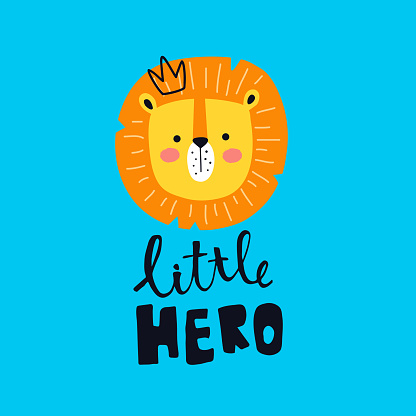 vector illustration of a cute lion head and hand lettering text little hero