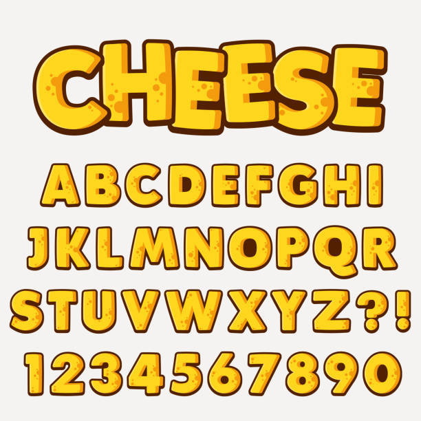 ilustraciones, imágenes clip art, dibujos animados e iconos de stock de alfabeto de letras con números diseño de estilo de queso - queso