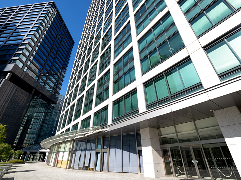 Shiodome office building district in Tokyo. Taken in Minato-ku, Tokyo in November 2020.