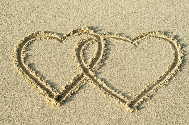Love word hand-drawn on sand tropical beach. valentines day. Beach holiday concept. Creative, background, copy space, travel, summer. Flat lay