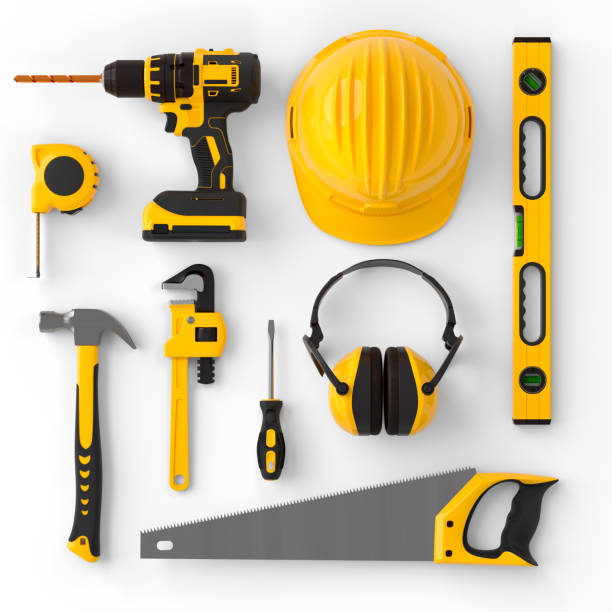 zestaw narzędzi budowlanych do naprawy i instalacji na białym tle - hand drill hand tool screwdriver drill zdjęcia i obrazy z banku zdjęć