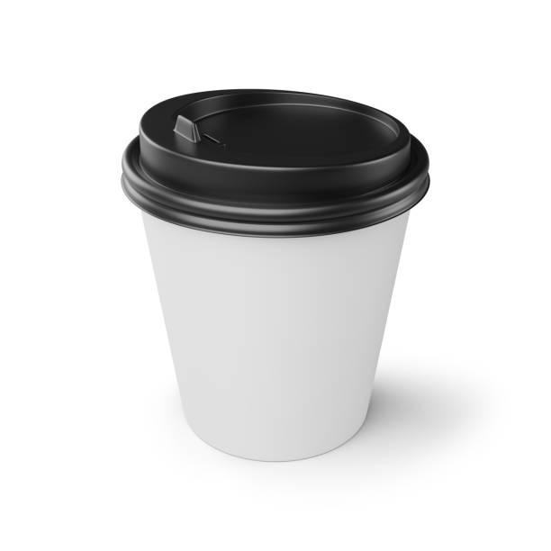istock White coffee paper cup with black lid isolated on white. 3d rendering mock up. 1300791328