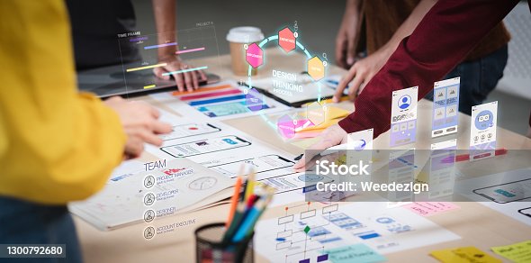 istock Close up ux developer and ui designer use augmented reality brainstorming about mobile app interface wireframe design on desk at modern office.Creative digital development agency 1300792680