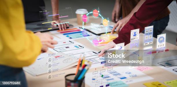 Close Up Ux Developer And Ui Designer Use Augmented Reality Brainstorming About Mobile App Interface Wireframe Design On Desk At Modern Officecreative Digital Development Agency Stock Photo - Download Image Now