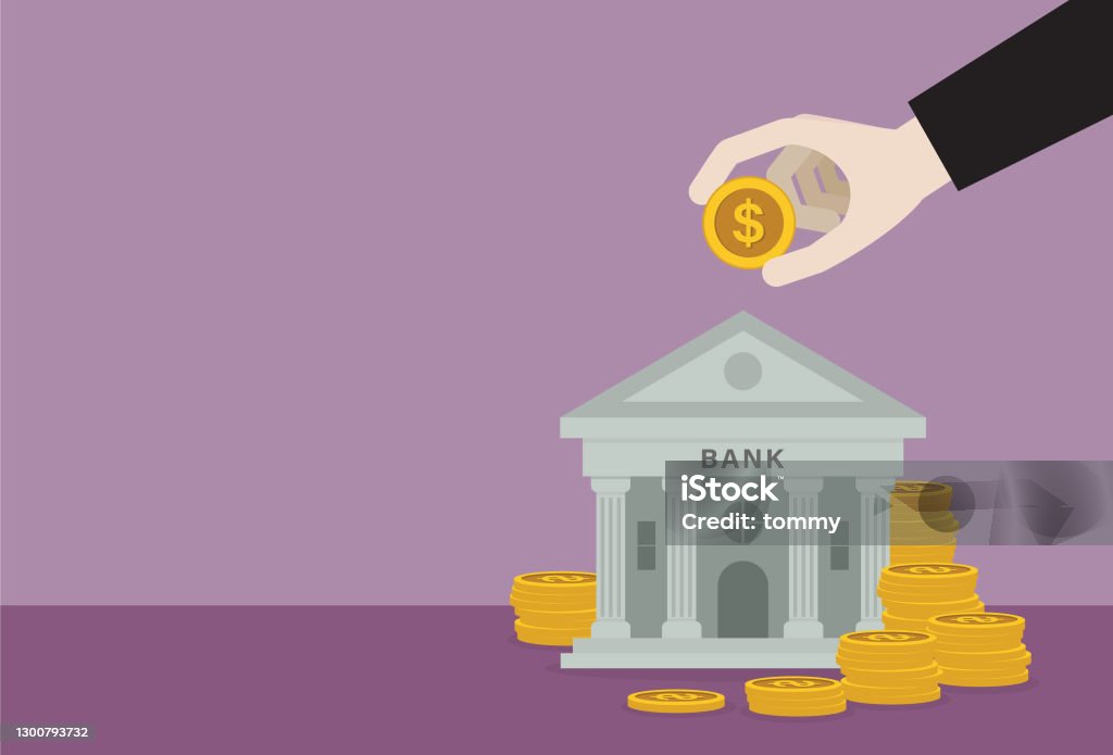Geschäftsmann steckt eine US-Dollar-Münze in eine Bank - Lizenzfrei Bank Vektorgrafik Geschäftsmann steckt eine US-Dollar-Münze in eine Bank - Lizenzfrei Bank Vektorgrafik