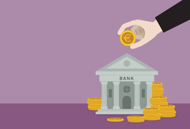 Businessman putting a euro coin into a bank Currency, Wealth, Banking, Loan, Debt, Economy, Saving, European currency exchange teller stock illustrations