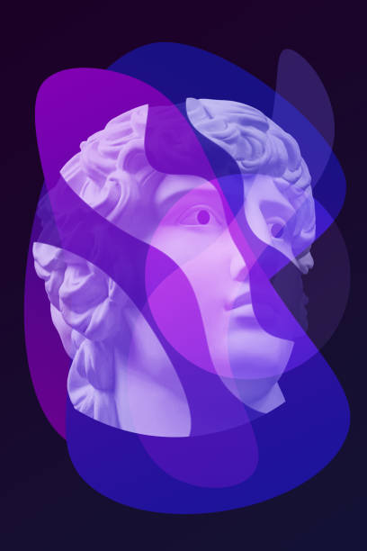 istock Collage with plaster antique sculpture of human face in a pop art style. Modern creative concept image with ancient statue head. Zine culture. Contemporary art poster. Funky minimalism. Retro design. 1300793849