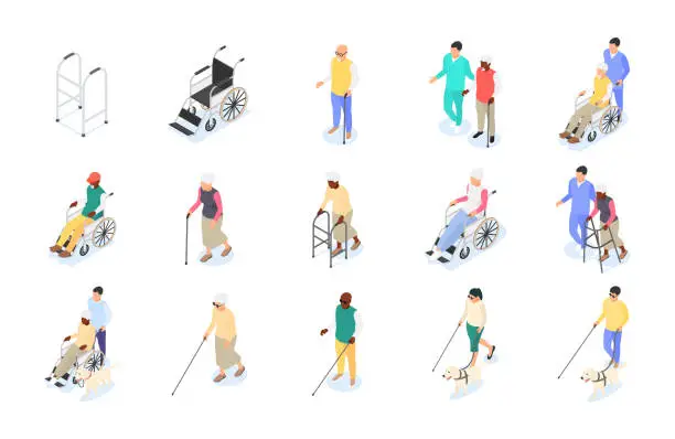 Vector illustration of A group of adults with disabilities of different ages. Caring for the elderly.