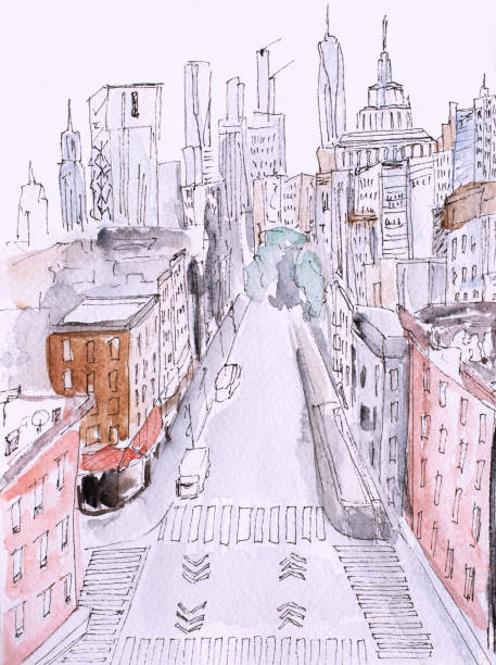 illustrations, cliparts, dessins animés et icônes de peinture à l’aquarelle de vue de rue de new york, illustration moderne, ville américaine, illustration new york. - brooklyn