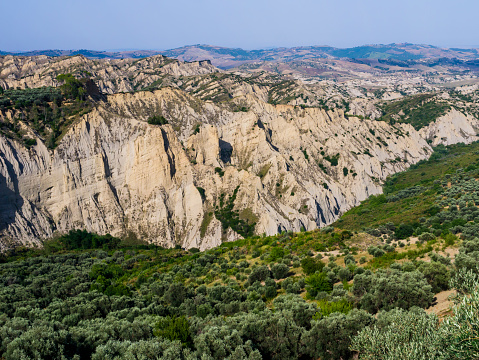 Scenic view of Aliano badlands (calanchi), lunar landscape made of clay sculptures eroded by the rainwater, Basilicata region, southern Italy