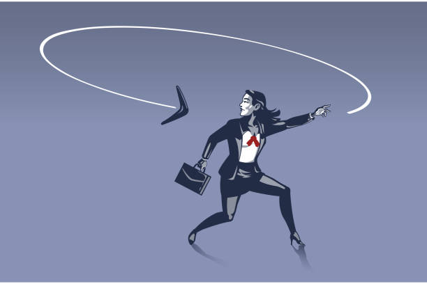 Business Woman Surprised as Boomerang He Throws Goes back to Him from Behind Business Woman Surprised as Boomerang He Throws Goes back to Him from Behind . Business Illustration Concept of Consequences and Karma behind Every Step We Make boomerang stock illustrations