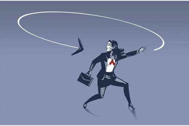 Vector illustration of Business Woman Surprised as Boomerang He Throws Goes back to Him from Behind