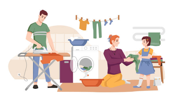 Family washes clothes, dries and iron apparel flat cartoon characters. Vector mother, father and daughter doing laundry, man ironing t-shirt in board. Housework household chores, routine home work Family washes clothes, dries and iron apparel flat cartoon characters. Vector mother, father and daughter doing laundry, man ironing t-shirt in board. Housework household chores, routine home work laundry husband housework men stock illustrations