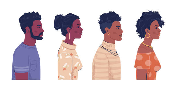 Diverse people, afro american men and women side view portraits, flat cartoon. Vector ebony, black african, a and creoles. Multiracial group with curly hair, Africa ethnicity population Diverse people, afro american men and women side view portraits, flat cartoon. Vector ebony, black african, a and creoles. Multiracial group with curly hair, Africa ethnicity population afro man stock illustrations
