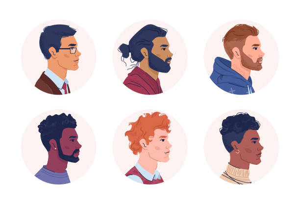 Profile portraits of multiracial men isolated flat cartoon people. Vector multicultural and multiethnic group, caucasian, afro american and arabian set. Mixed interracial community, guys side view Profile portraits of multiracial men isolated flat cartoon people. Vector multicultural and multiethnic group, caucasian, afro american and arabian set. Mixed interracial community, guys side view profile view illustrations stock illustrations