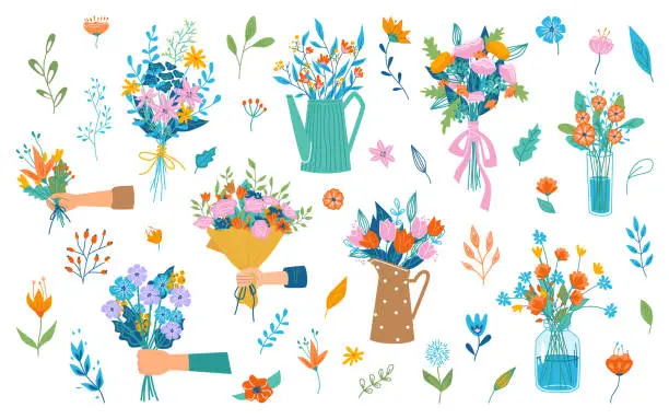 Vector illustration of Hand holding or giving blooming bouquet of flowers, spring blossom and flourishing. Florist composition for holiday celebration. Flora in vase, decorative branches. Vector in flat cartoon style