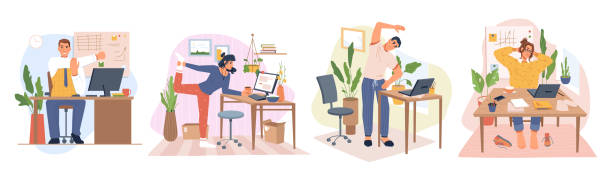 Employees working from home or office stretching and doing small exercises at workplace to get rest and relaxation. Removing tension and muscle soreness. Cartoon characters, vector in flat style Employees working from home or office stretching and doing small exercises at workplace to get rest and relaxation. Removing tension and muscle soreness. Cartoon characters, vector in flat style resting illustrations stock illustrations
